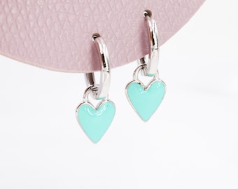 Teal Blue Enamel Heart Earrings in Sterling Silver, Detachable Heart Charm Dangle Hoop Earrings, Interchangeable