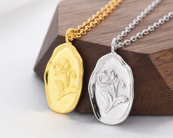 Flower Oval Pendant Necklace in Sterling Silver, Silver or Gold, August Birth Flower,  Nature Inspired Flower Disk Necklace