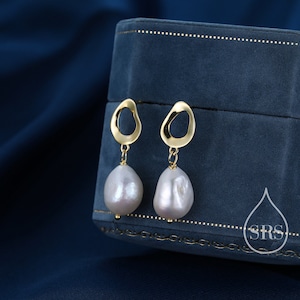 Genuine Fresh Water Pearl Drop Stud Earrings, Baroque Pearl, Sterling silver with 18ct Gold Plating, Contemporary Design image 3