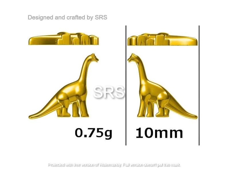 May include: A gold-colored dinosaur figurine, standing on a white background. The figurine is 10mm tall and weighs 0.75g. The text "Designed and crafted by SRS" is at the top of the image.