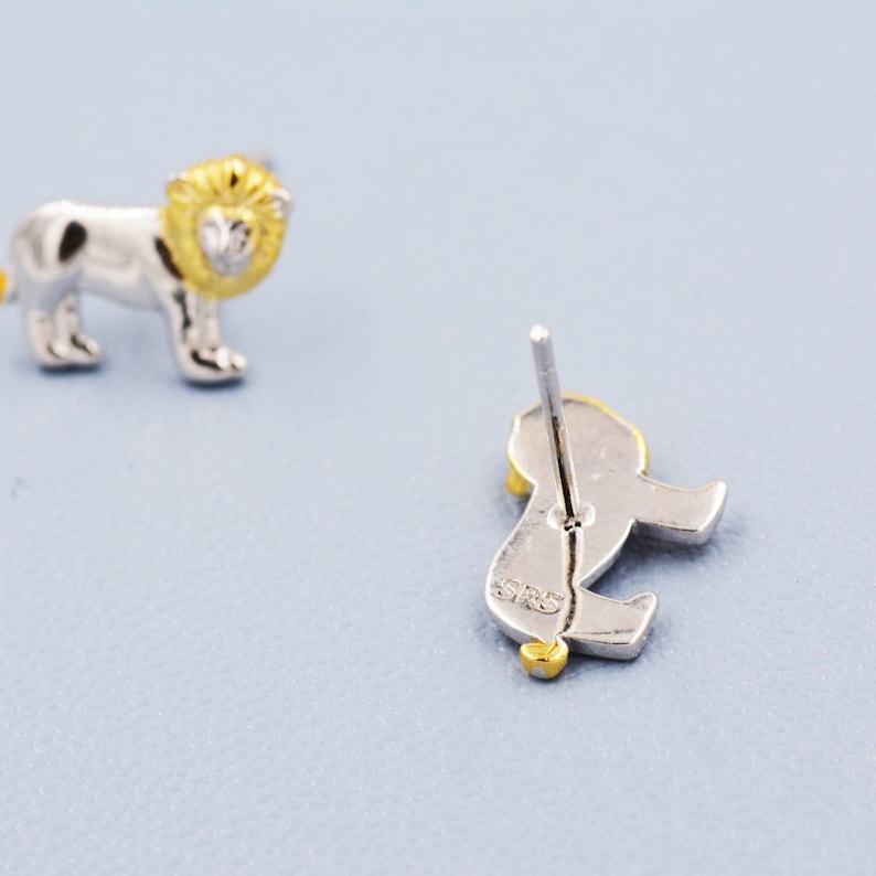Tiny Little Lion Stud Earrings in Sterling Silver Two Tone Gold and Silver Earrings Cute Animal Earrings Fun, Whimsical image 7