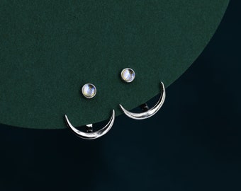 Crescent Moon and Moonstone Ear Jacket in Sterling Silver,  Moon Front and Back Earrings in Sterling Silver, Moonstone Earrings