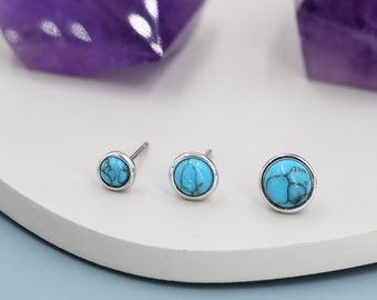 Sterling Silver Turquoise Stud Earrings,4mm, 5mm or 6mm, Genuine Turquoise Gemstone Stud, Bezel, Minimalist Style, December Birthstone