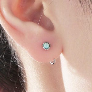 Minimalist Aqua Green Opal Huggie Hoop Threader Earrings in Sterling Silver, Gold or Silver, Pull Through Open Hoop Earrings
