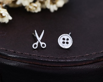 Mismatched Scissors and Button Stud Earrings in Sterling Silver, Silver or Gold, Asymmetric Button and Scissors Earrings, Fun and Quirky DIY