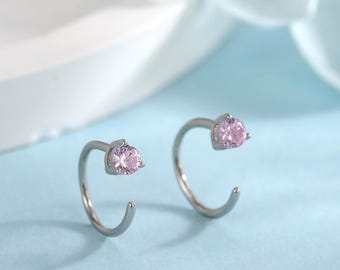 Minimalist Pink CZ Kristall Huggie Hoop Threader Ohrringe in Sterling Silber, 3 mm drei Zacken, Gold oder Silber, Durchziehen offene Creolen