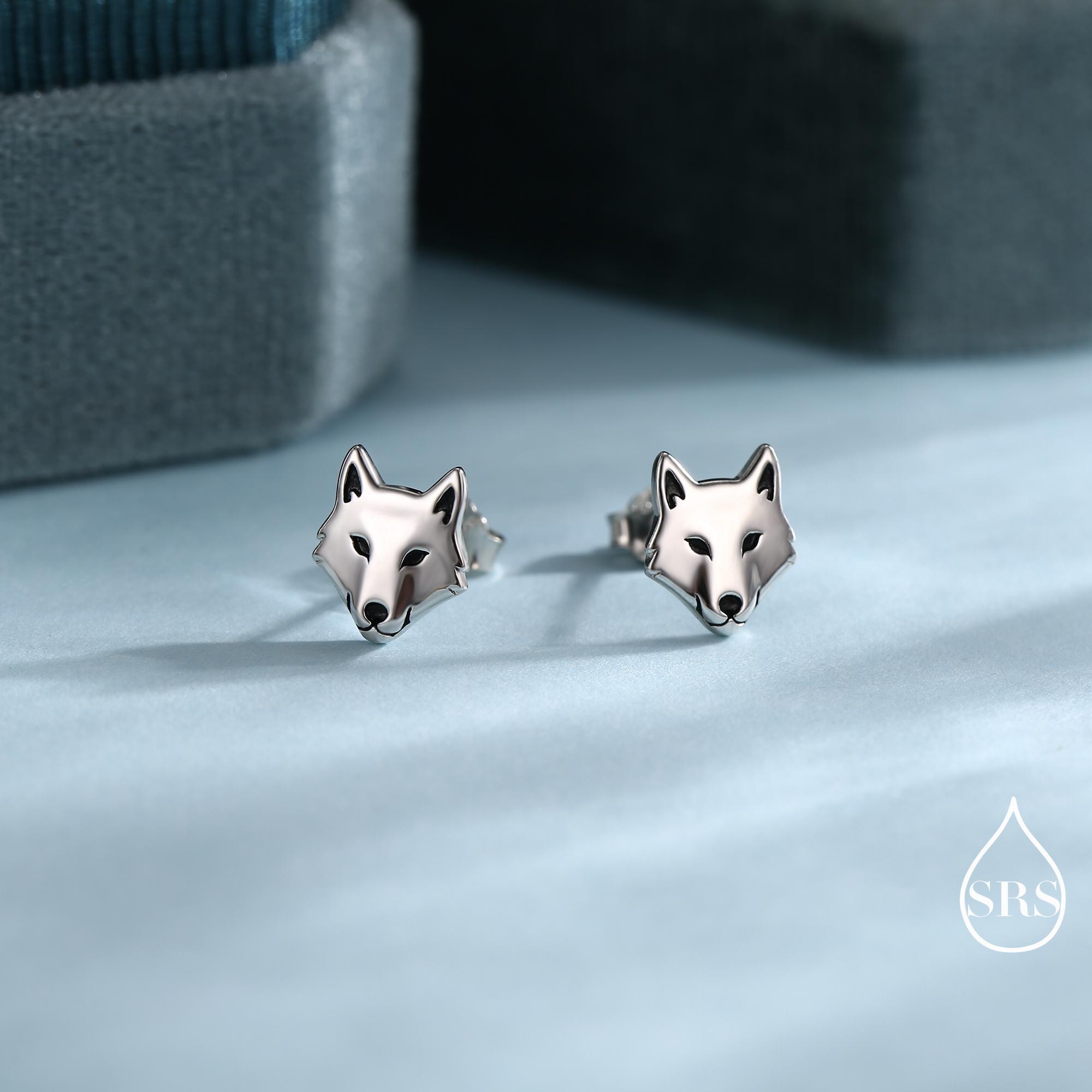 Wolf Head Stud Earrings in Sterling Silver, Silver or Gold or Rose