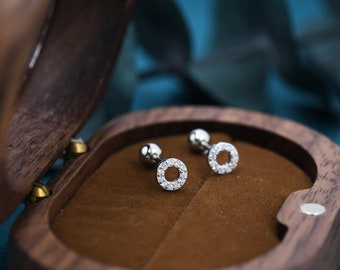 Tiny Open Circle Barbell Earrings in Sterling Silver, Silver or Gold, Screw Back  Circle Earrings, Screwback Earrings
