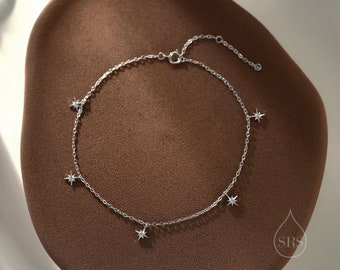 Starburst Charm Bracelet in Sterling Silver, Silver, Gold or Rose Gold, North Star Dangle Bracelet, Sunburst Bracelet, Star Bracelet