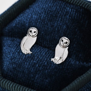 Barn Owl Stud Earrings in Sterling Silver, Owl Bird Earrings, Nature Inspired Animal Earrings image 1