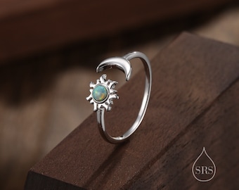 Sterling Silver Opal Moon and Sun Ring, Open Ring, Stacking Rings, Lab Opal Sun and Moon Ring