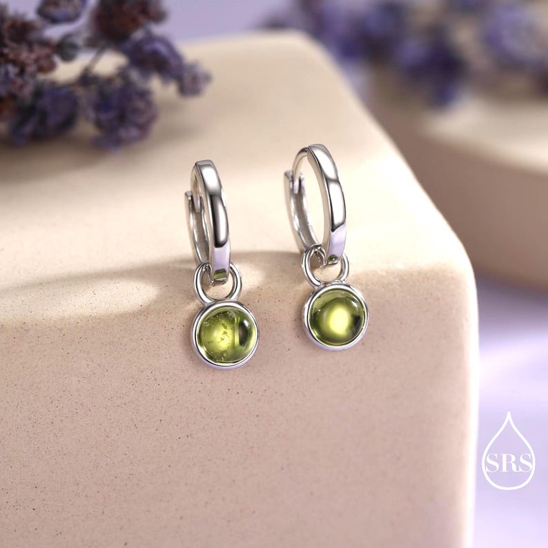 Genuine Peridot Hoop Earrings in Sterling Silver, Detachable Green Peridot Coin Dangle Hoop Earrings, Interchangeable, August Birthstone image 1