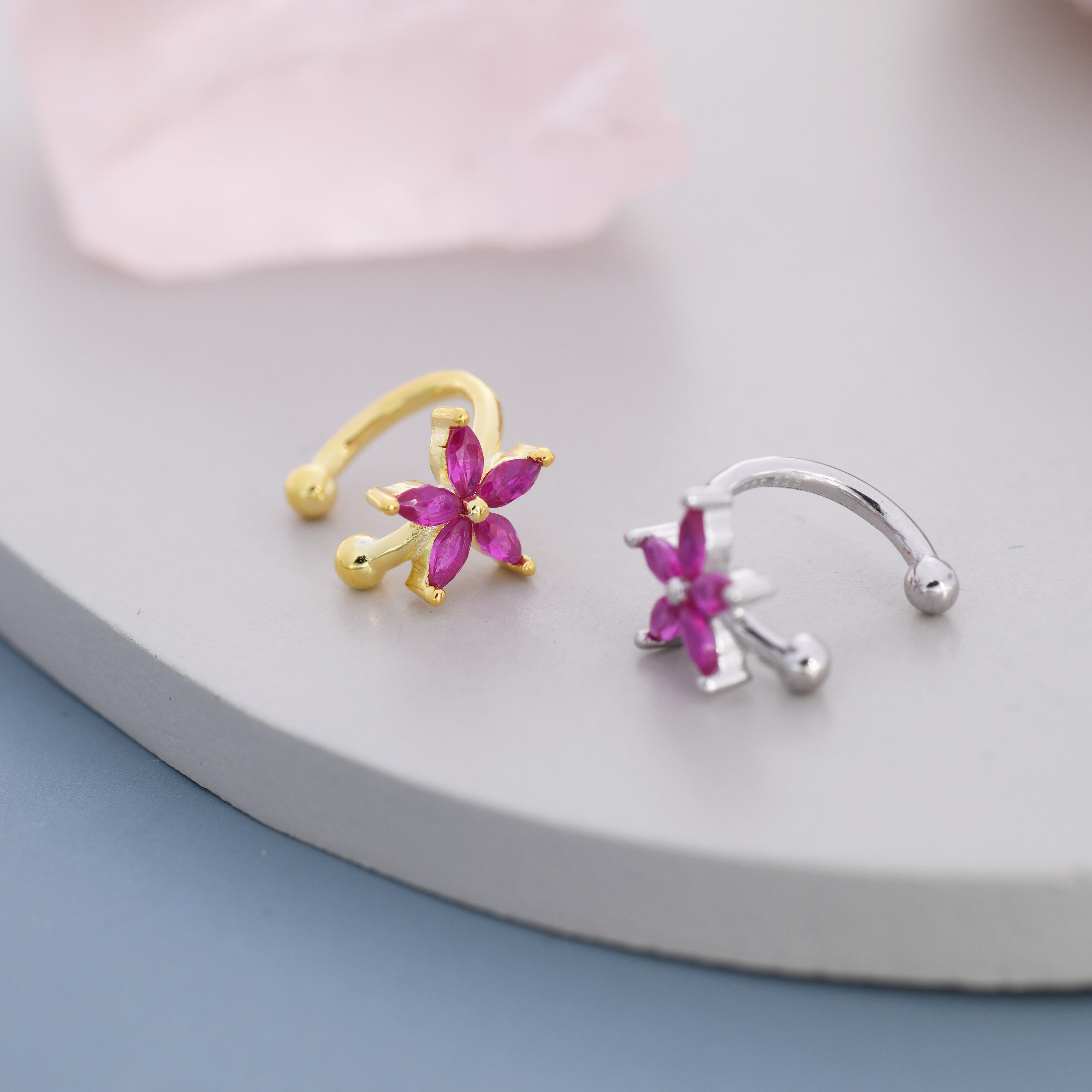 Ruby Pink CZ Flower Ear Cuff in Sterling Silver, Silver or