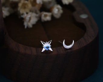 Mismatched Starburst and Moon Stud Earrings in Sterling Silver with Lab Moonstone, Asymmetric Moonstone Star and Moon Earrings