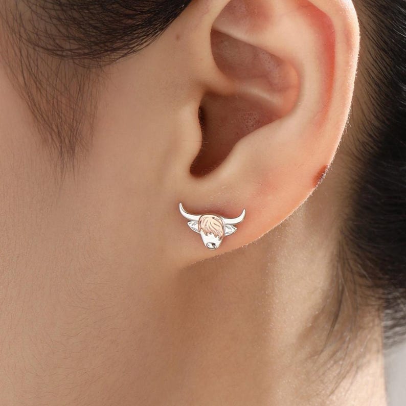Two Tone Highland Cow Stud Earrings in Sterling Silver, Bull Earrings, Cow Earrings image 3