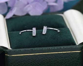 Baguette Cut CZ Huggie Hoop Earrings in Sterling Silver, Silver or Gold, Open Hoops,  Pull-Through Threader Earrings