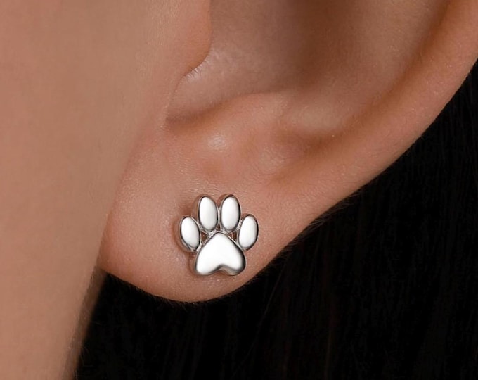 Very Tiny Paw Print Stud Earrings in Sterling Silver, Silver or Gold or Rose Gold, Pet Earrings, Dog Earrings, Cat Earrings
