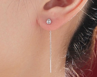 Delicate Droplet Bezel  CZ Crystal Threader Earrings in Sterling Silver, Silver or Gold, Minimalist Pear Cut Crystal Ear Threaders