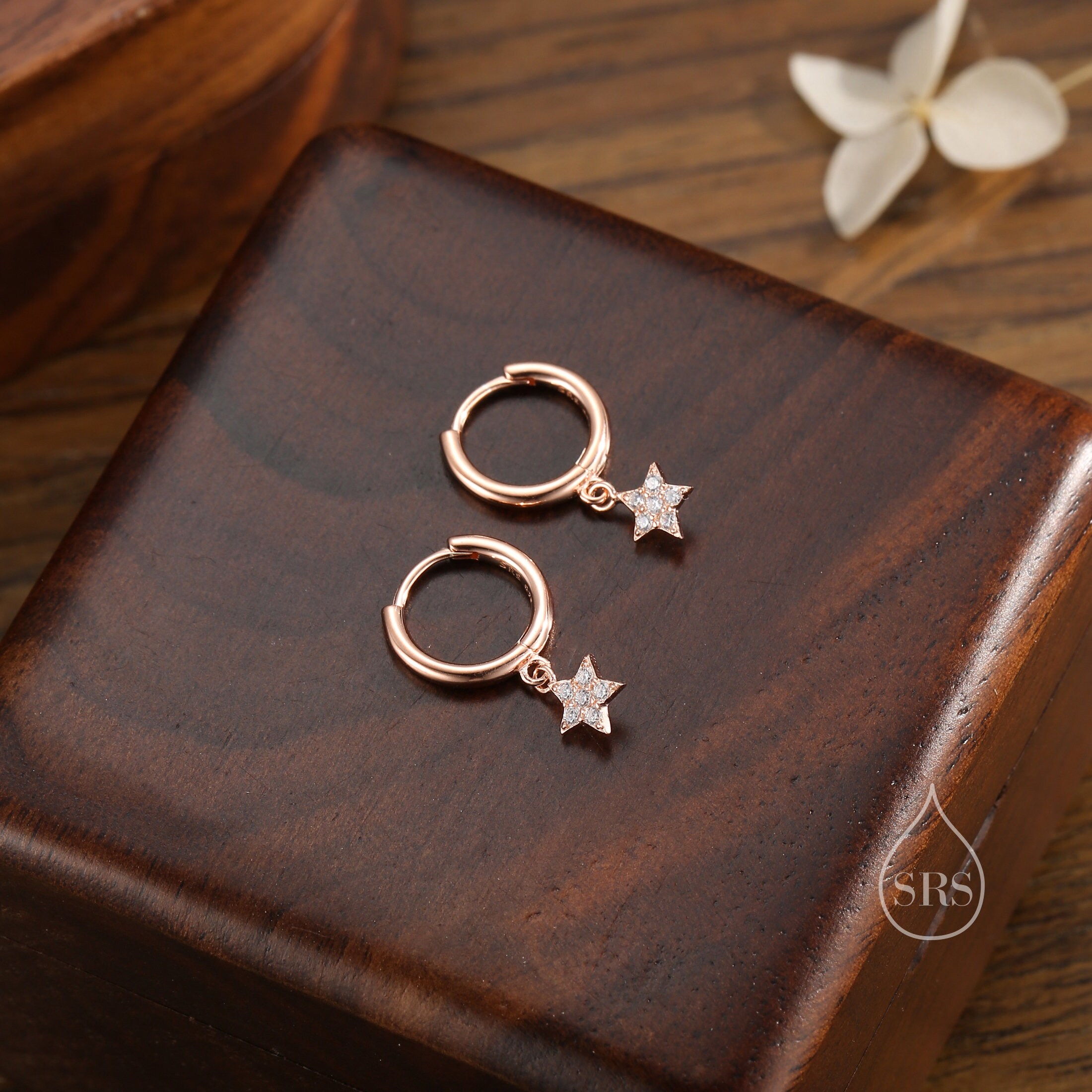 Delicati orecchini a cerchio con stella in zirconia cubica in argento sterling, argento, oro o oro rosa, orecchini a stella polare, orecchini a raggiera, orecchini celestiali - Italia