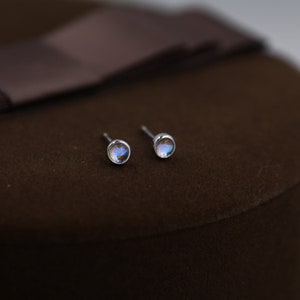 Moonstone Stud Earrings in Sterling Silver, Bezel, Aurora Stone Stud Earrings, 3mm Aurora Crystal Dot Earrings image 6