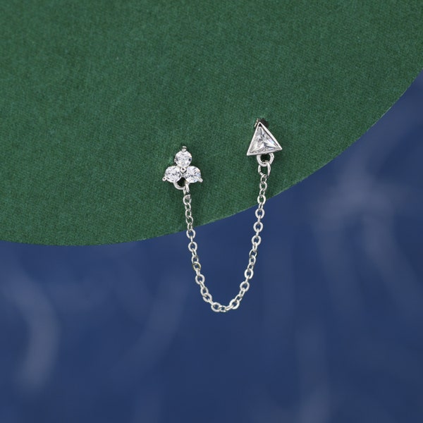 Sold as one piece! Sterling Silver Chained Earrings for Multiple Piercings, Silver or Gold, Trinity Three CZ Dot , Triangle Chain Earrings