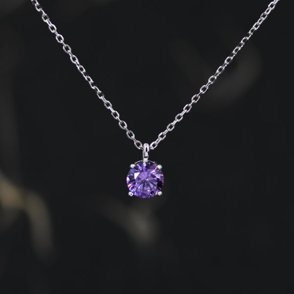 Amethyst Purple CZ Pendant Necklace  in Sterling Silver, Available in Two Sizes, 0.5 carat or 1 carat, Amethyst Purple Zircon Necklace