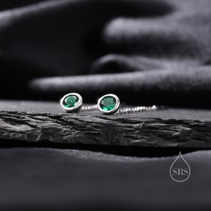 Emerald Green Bezel CZ Crystal Threader Earrings in Sterling Silver, Silver or Gold, Minimalist Crystal Ear Threaders, Threader Ear Jackets image 2