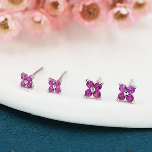 Ruby Pink CZ Flower Stud Earrings in Sterling Silver, Crystal Flower Earring, Four Crystal Stud