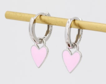 Pink Enamel Heart Earrings in Sterling Silver, Detachable Heart Charm Dangle Hoop Earrings, Interchangeable