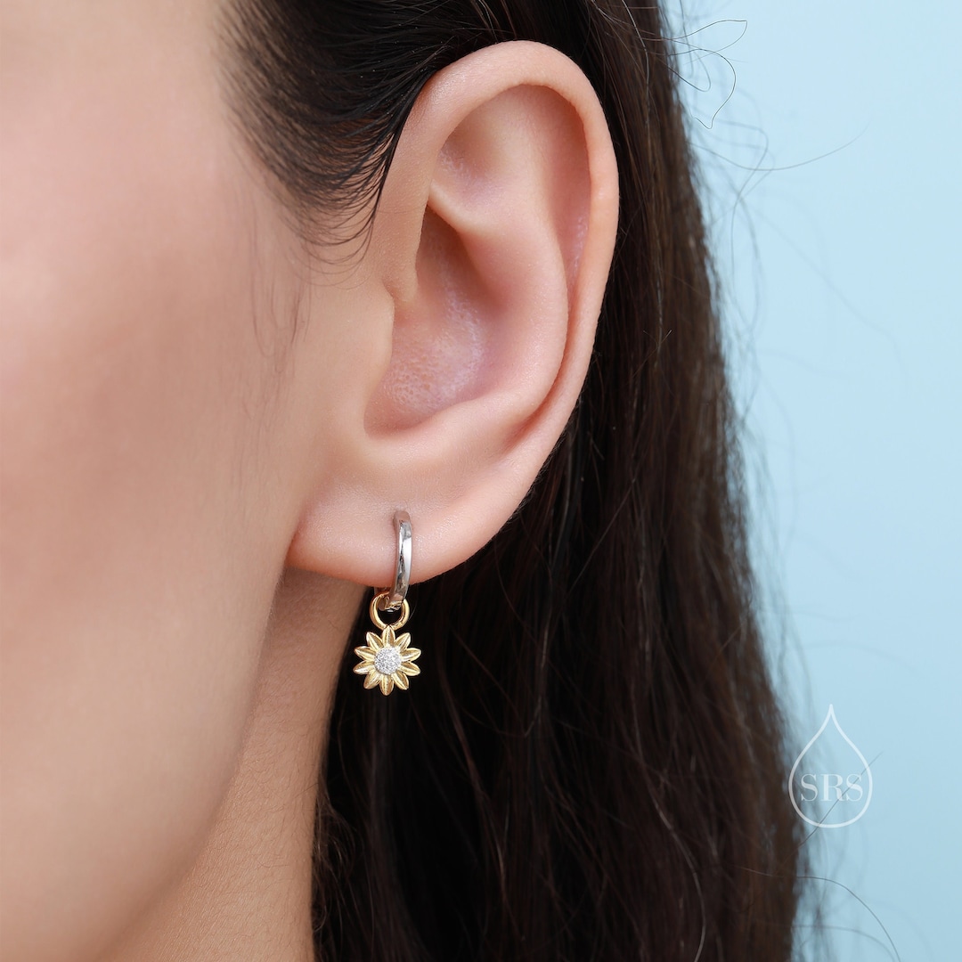 Sterling Silver Sunflower Huggie Hoops, Dainty Dangle Sunflower