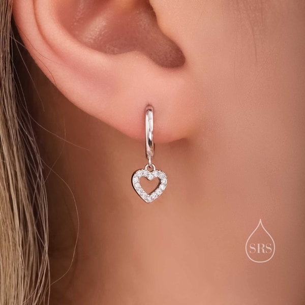 Tiny CZ Heart Dangle Huggie Hoop in Sterling Silver, Silver or Gold or Rose Gold, Skinny CZ Heart Earrings, Heart Huggie Hoops