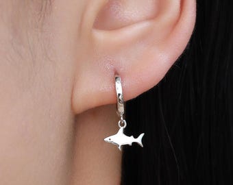 Tiny Shark Fish Huggie Hoop Earrings in Sterling Silver, Fish Earrings,Shark Fish Dangle Hoops, Fish Hoops, Ocean Animal Earrings