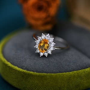 Genuine Citrine and CZ Halo Ring in Sterling Silver, Natural Citrine Stone Ring, Stacking Rings, US 5-8