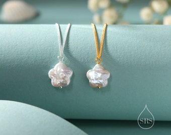 Halsband med hänge i äkta barockpärla i sterlingsilver med blomformat kedja, Keshi-pärla i blomformat, silver eller guld