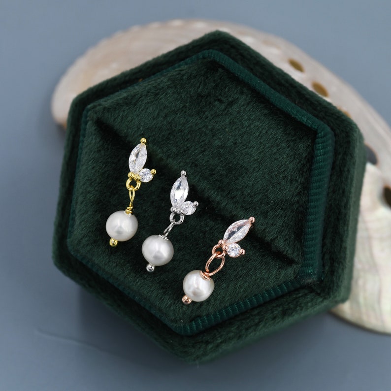 Marquise CZ Pair with Baroque Pearl Dangle Earrings in Sterling Silver, Delicate Keshi Pearl Drop Earrings, Genuine Freshwater Pearls image 3
