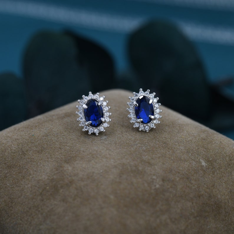 Sapphire Blue CZ Stud Earrings in Sterling Silver, Blue Oval Crystal Stud Earrings, September Birthstone zdjęcie 6