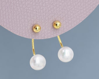 Ball and Natural Freshwater Pearl Ear Jacket in Sterling Silver, Silver or Gold, Front and Back Earrings , Dainty Jewellery