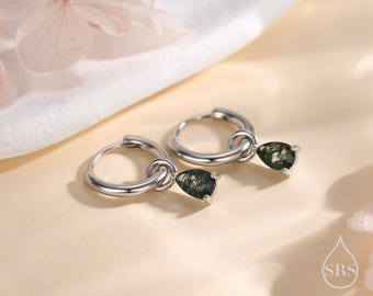 Moss Agate Droplet Huggie Hoop Earrings in Sterling Silver, Nature Inspired Droplet Earrings, Detachable and Interchangable Charms