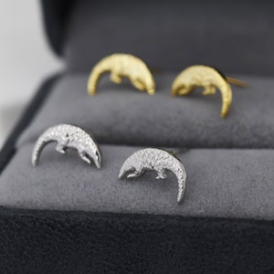 Pangolin Stud Earrings in Sterling Silver, Silver or Gold, Ant Eater Earrings, Nature Inspired Animal Earrings