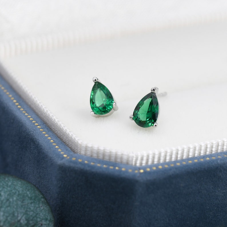 Sterling Silver Emerald Green Droplet Stud Earrings, Pear Cut Emerald Earrings, May Birthstone CZ Earrings, Silver, Gold or Rose Gold image 2