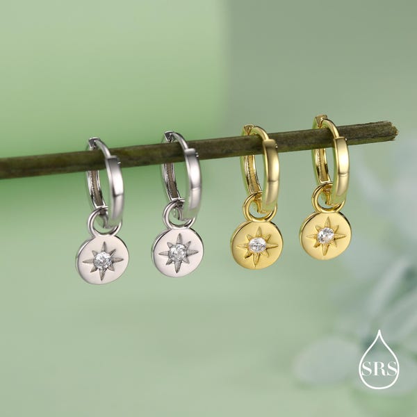 Starburst Disk Charm Huggie Hoop Earrings in Sterling Silver with Detachable Coin Charms, North Star Celestial Geometric Design