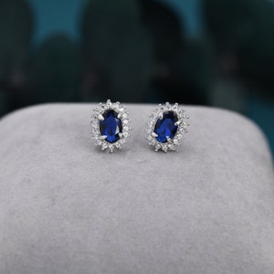 Sapphire Blue CZ Stud Earrings in Sterling Silver, Blue Oval Crystal Stud Earrings, September Birthstone zdjęcie 7
