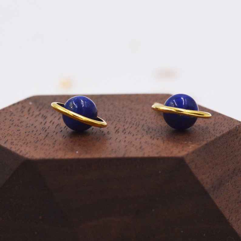 Sterling Silver 'Blue Planet' Saturn Planet Halo Stud Earrings with Lapis Lazuli Gemstone, Gold or Silver, Cute Fun Quirky Design image 3