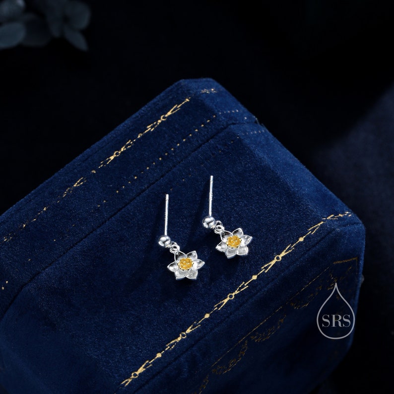 Daffodil Drop Stud Earrings in Sterling Silver, Tiny Daffodil Flower Dangle Earrings, Small Daffodil Earrings, Birth Flower for March image 6