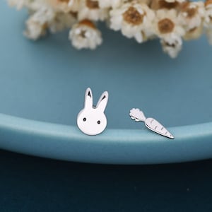 Mismatched Rabbit and Carrot Stud Earrings in Sterling Silver, Asymmetric Cute Bunny and Carrot Earrings image 1