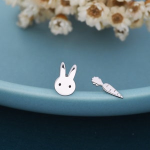 Mismatched Rabbit and Carrot Stud Earrings in Sterling Silver, Asymmetric Cute Bunny and Carrot Earrings image 1