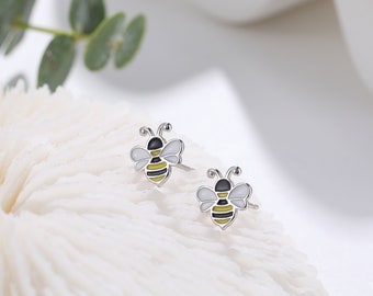 Orecchini a bottone a forma di ape in smalto in argento sterling, orecchini, orecchini a forma di ape minuscola, orecchini a forma di ape minuscola, orecchini a forma di ape in argento, ape in argento sterling