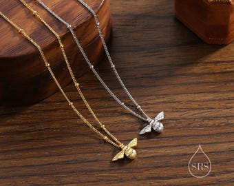 Tiny Bumble Bee Pendant Necklace in Sterling Silver, Silver or Gold, Beaded Chain Bee Necklace, Satellite Chain, Nature Inspired