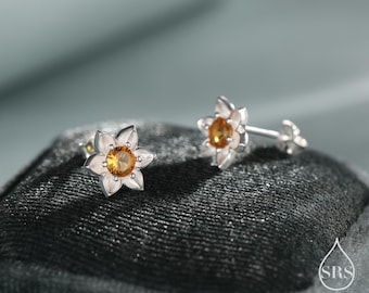 Daffodil CZ Stud Earrings in Sterling Silver, Tiny Flower Earrings, Small Daffodil Earrings, Forget-me-not Stud, Birth Flower for March