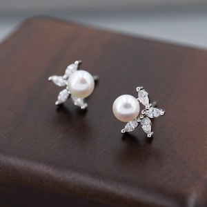 Genuine Freshwater Pearl with Marquise CZ Stud Earrings in Sterling Silver, Delicate Tiny Pearl and CZ Earrings, Genuine Pearls.